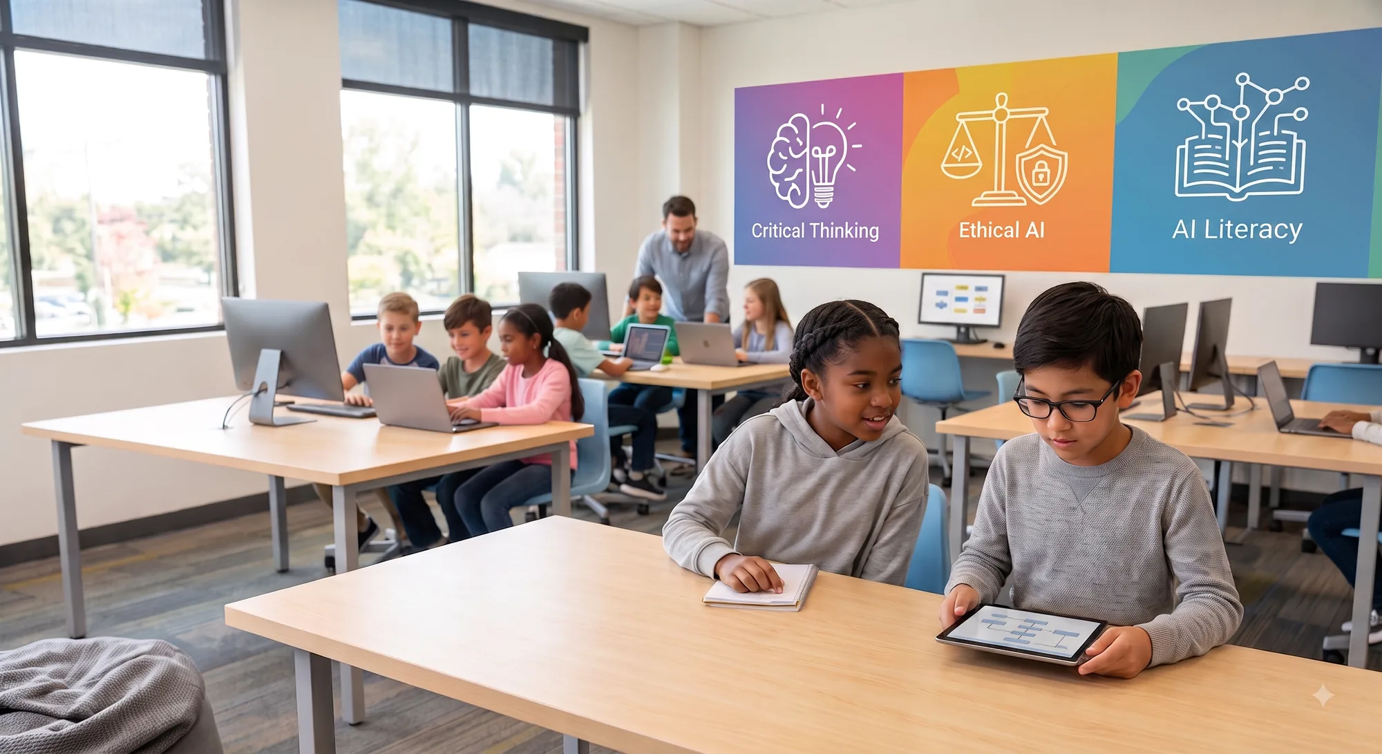 Children working at screens with an instructor in a Trainarama AI class in Palatine, Illinois.