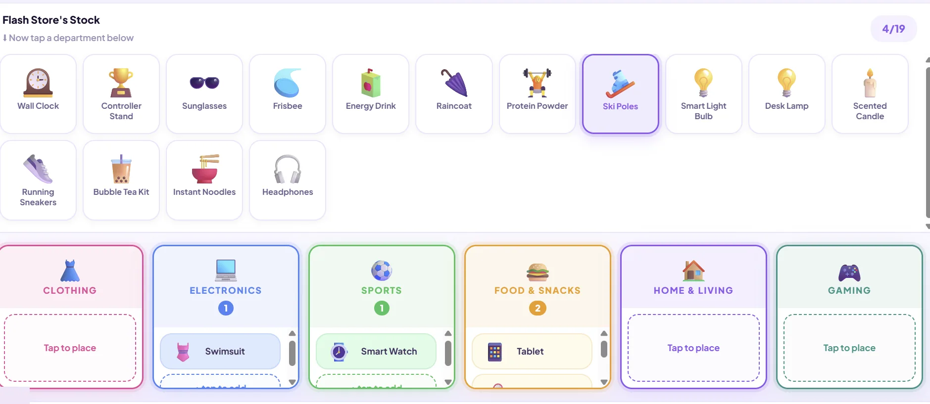 A Trainarama session on screen: a child sorts products into store departments while an AI assistant handles the rest.